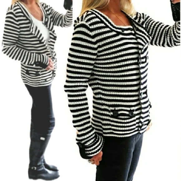 Talbots Womens Blk & White Stripe Knit Double Brested Casual Sweater Jacket Sz S - Picture 7 of 9